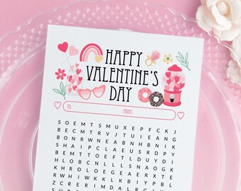 Valentine Word Search - PRINTABLE word find with to and from. Instant download PDF activity, half page and full page. Cute classroom cards.