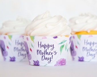 Mother's Day Cupcake Wrappers - PRINTABLE instant digital download PDF. Watercolor flowers and leaves. Botanical, colorful, bright.