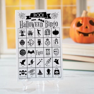 Halloween Bingo Cards - 50 PRINTABLE unique cards, black and white, halloween pictures, ink-saving, kids activity idea, halloween games