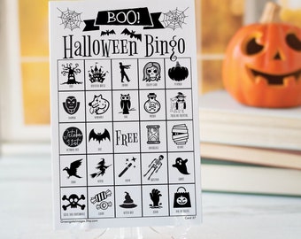 Halloween Bingo Cards - 50 PRINTABLE unique cards, black and white, halloween pictures, ink-saving, kids activity idea, halloween games