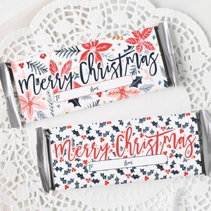 Christmas Candy Bar Wrappers - PRINTABLE chocolate bar wrapper, Merry Christmas, pdf download, small gift idea, poinsettia holly watercolor