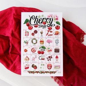 Cherry Bingo - 50 einzigartige Karten zum Ausdrucken. Sofortiger digitaler Download PDF. Lustige Aktivität für Babypartys und Beerenthemen.