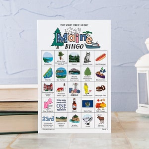 Cartões de Bingo do Maine - 50 cartões exclusivos IMPRIMÍVEIS para download instantâneo. Atividade divertida do estado de ME para crianças e idosos. Jogo educacional para educação domiciliar.