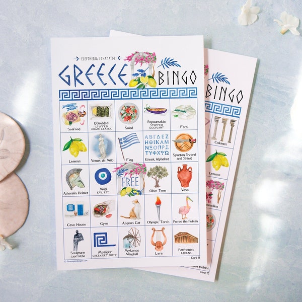 Greece Bingo - 50 PRINTABLE unique cards. Instant digital download PDF. Fun group game activity for Greek travel: Santorini Mykonos Athens.