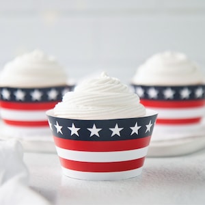 Patriotic Cupcake Wrappers - PRINTABLE, 4th of July party decor, American flag, stars and stripes, red white blue, memorial day potluck idea