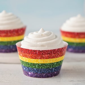 Rainbow Cupcake Wrapper - printable cupcake wrap, St. Patrick&#39;s Day idea, glittery rainbow, sparkly stripes, party printables, sleeve liner