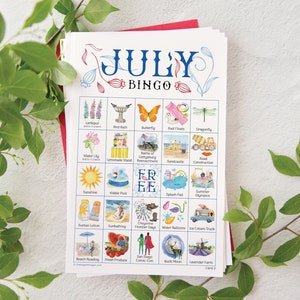 Bingo de julho - 50 cartões exclusivos IMPRIMÍVEIS. Download digital instantâneo em PDF. Atividade divertida para aniversários de julho, 4 de julho, potlucks de verão, piqueniques.