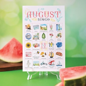 August Bingo - 50 DRUCKBARE Karten. Sofortiger digitaler Download PDF. Lustige Beschäftigung für August Babys, Spätsommer Potlucks, Picknicks.