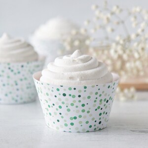 Green Confetti Spots Cupcake Wrapper - PRINTABLE instant download PDF. Cupcake sleeve liner, varied polka dots, St. Patrick&#39;s dessert idea.