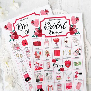 Valentine Bridal Bingo Cards: PRINTABLE set 50 unique cards as a PDF. Personalize the header and title text using Adobe Reader. Red roses.
