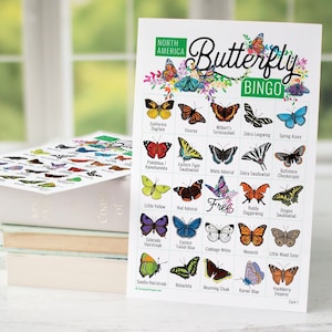 Butterfly Bingo - 50 cartes uniques IMPRIMABLES. PDF à téléchargement numérique instantané. Images étiquetées de 36 espèces différentes trouvées en Amérique du Nord.