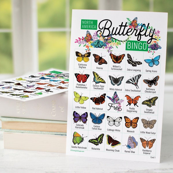 Butterfly Bingo - 50 PRINTABLE unique cards. Instant digital download PDF. Labeled pictures of 36 different species found in North America.