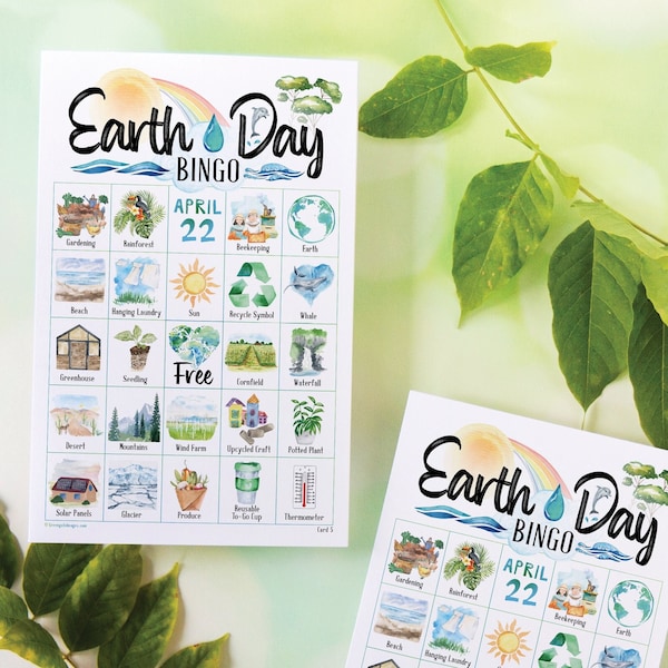 Earth Day Bingo - 50 PRINTABLE unique cards. Instant digital download PDF. Pictures of natural scenery, animals, and conservation practices.