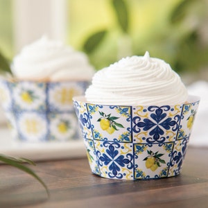 Lemons and Blue Tile Cupcake Wrapper Duo - PRINTABLE instant download PDF.  Blue/white/yellow tile w lemons and blossoms. Amalfi coast vibe.