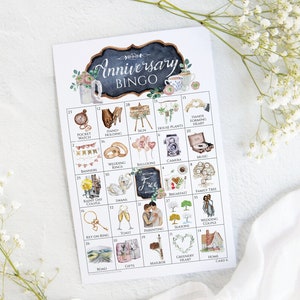 Bingo de aniversario: 50 tarjetas exclusivas para IMPRIMIR. Descarga digital instantánea en formato PDF. Actividad divertida para fiestas y reuniones de aniversario de bodas.