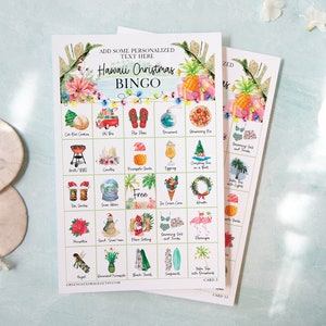 Tropische KERSTbingo: 50 afdrukbare bingokaarten met afbeeldingen van Hawaï-eilanden. Gepersonaliseerde bewerkbare invulbare pdf. Tekst toevoegen in Adobe.