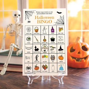 Bingo de Halloween personalizado: 50 tarjetas de bingo para imprimir con imágenes de Halloween etiquetadas. Idea de juego de actividades para niños, PDF editable y personalizado para rellenar