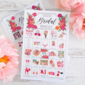 Hot Pink + Orange Bridal Bingo Cards - 50 PRINTABLE unique cards in PDFs. Personalize the header & title text using Adobe Reader. Fuchsia.