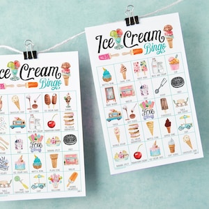 Ice Cream Bingo - 50 carte uniche STAMPABILI. PDF digitale scaricabile immediatamente. Immagini di gusti di gelato, negozio, coni e diverse leccornie.