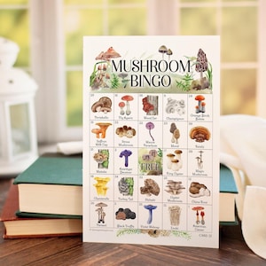 Cartes de bingo aux champignons - 50 cartes uniques à imprimer. Activités enfants, adultes, seniors. Idée de fête à thème sur la forêt boisée, espèces de champignons.