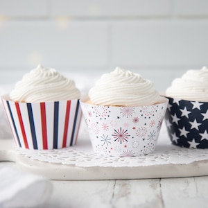Patriotic Cupcake Wrappers - 4th of July, fireworks stars, independence day, party printable, red white and blue, printable instant download