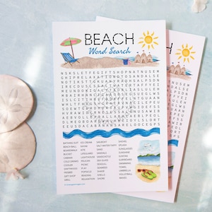 Beach Word Search - PRINTABLE downloadable activity. Fun word find party guests, adults & older kids. Big word list. Road trip, plane, car.