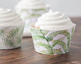Fern Leaf Cupcake Wrapper Duo - PRINTABLE cupcake sleeve, instant digital download PDF, pretty wedding greenery tropical watercolor design.