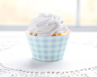 Light Blue Gingham Cupcake Wrappers - printable cupcake wrap, pale blue and white check, baby shower blue, baby shower decor ideas, baby boy