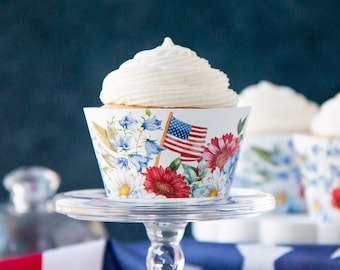 Patriotic Floral Cupcake Wrappers - PRINTABLE, 4th of July party decor, American flag, stars and stripes, red white blue, Memorial Day favor