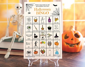 Custom Halloween Bingo: 50 printable bingo cards with labeled Halloween pictures. Kid activity game idea, personalized editable fillable PDF