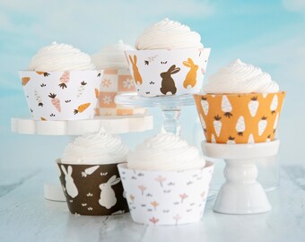 Easter Harvest Cupcake Wrapper Set - PRINTABLE cupcake wraps PDF. 6 cute coordinating autumn designs with bunnies, flowers, and carrots.