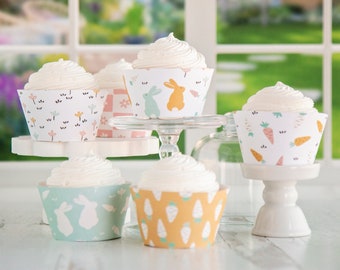 Easter Pastel Cupcake Wrapper Set - PRINTABLE cupcake wraps PDF. 6 cute coordinating spring designs with bunnies, flowers, and carrots.