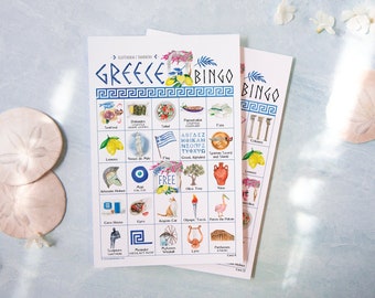 Greece Bingo - 50 PRINTABLE unique cards. Instant digital download PDF. Fun group game activity for Greek travel: Santorini Mykonos Athens.