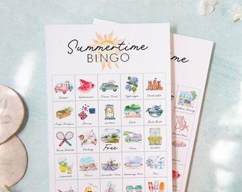 Summertime Bingo Cards: Printable bingo, 50 cards, senior citizen activity, june july party, labeled pictures, clean adult summer game idea.