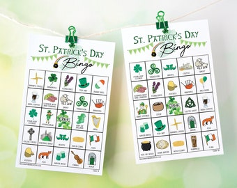 St. Patrick's Day Bingo Cards: Printable bingo cards, 50 cards, kids game activity, labeled color pictures, Irish bingo Ireland bingo symbol