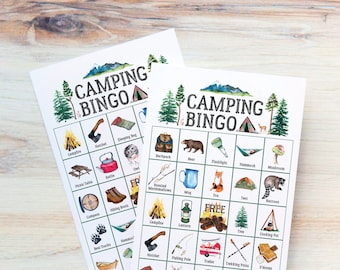 Camping Bingo: PRINTABLE 50 cards, bingo pdf game, party game ideas, senior citizen game, kids activities camping activity clean adult bingo