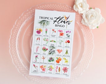 Tropical Flower Bingo - 50 PRINTABLE unique cards. Instant digital download PDF. Labeled pictures of 36 different species tropical flowers.