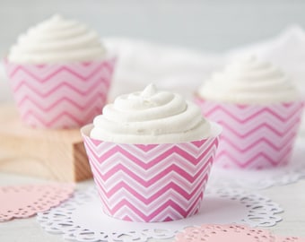 Pink Chevron Cupcake Wrappers - PRINTABLE instant download. Cute chevron pattern with light and hot pink/fuchsia. Galentine's dessert table.