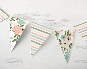 Spring Floral Bunting - PRINTABLE banner flags instant digital download, peach mint olive ivory, spring bridal shower idea, pastel flowers