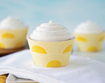 Sun Cupcake Wrapper - PRINTABLE instant download PDF. Yellow sunshine, pale butter yellow background. Summer, spring, our little son-shine.