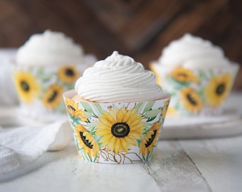 Sunflower Cupcake Wrappers - PRINTABLE floral cupcake wraps pdf, cheerful sunflowers, bridal shower ideas, wedding cupcakes, dessert table