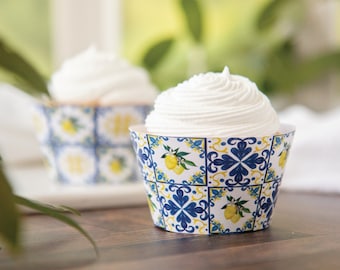 Lemons and Blue Tile Cupcake Wrapper Duo - PRINTABLE instant download PDF.  Blue/white/yellow tile w lemons and blossoms. Amalfi coast vibe.