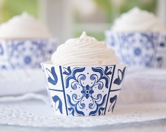 Talavera Style Cupcake Wrapper - printable cupcake wrap, blue and white tile, azulejos design, Mediterranean Spanish, French Italian, ideas