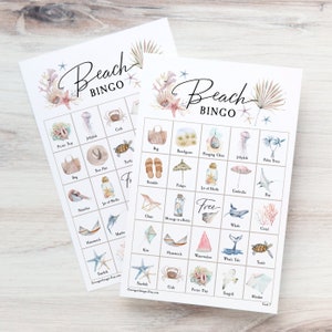 Strandbingo: AFDRUKBARE 50 kaarten, pdf-bingospel, ideeën voor partygames, seniorenspel, kustbingo, ideeën voor strandfeesten, aantrekkelijk voor volwassenen