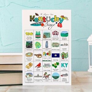 Cartões de Bingo do Kentucky - 50 cartões exclusivos para impressão, download instantâneo. Atividade divertida sobre o estado do Kentucky para crianças e idosos. Jogo educativo para educação domiciliar.