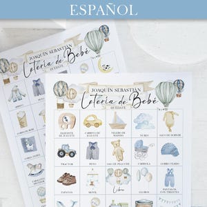 BOY - Lotería de Bebé: 100 kart, bingo pdf DO DRUKU, spersonalizowana gra bingo na baby shower w języku hiszpańskim. Kolorowe obrazki z balonami na ogrzane powietrze.