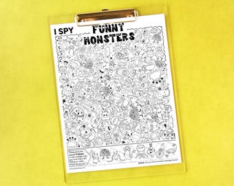 Funny Monsters I Spy - Printable activity for kids. Whimsical black and white coloring page with 40 hidden pictures of silly, cute creatures