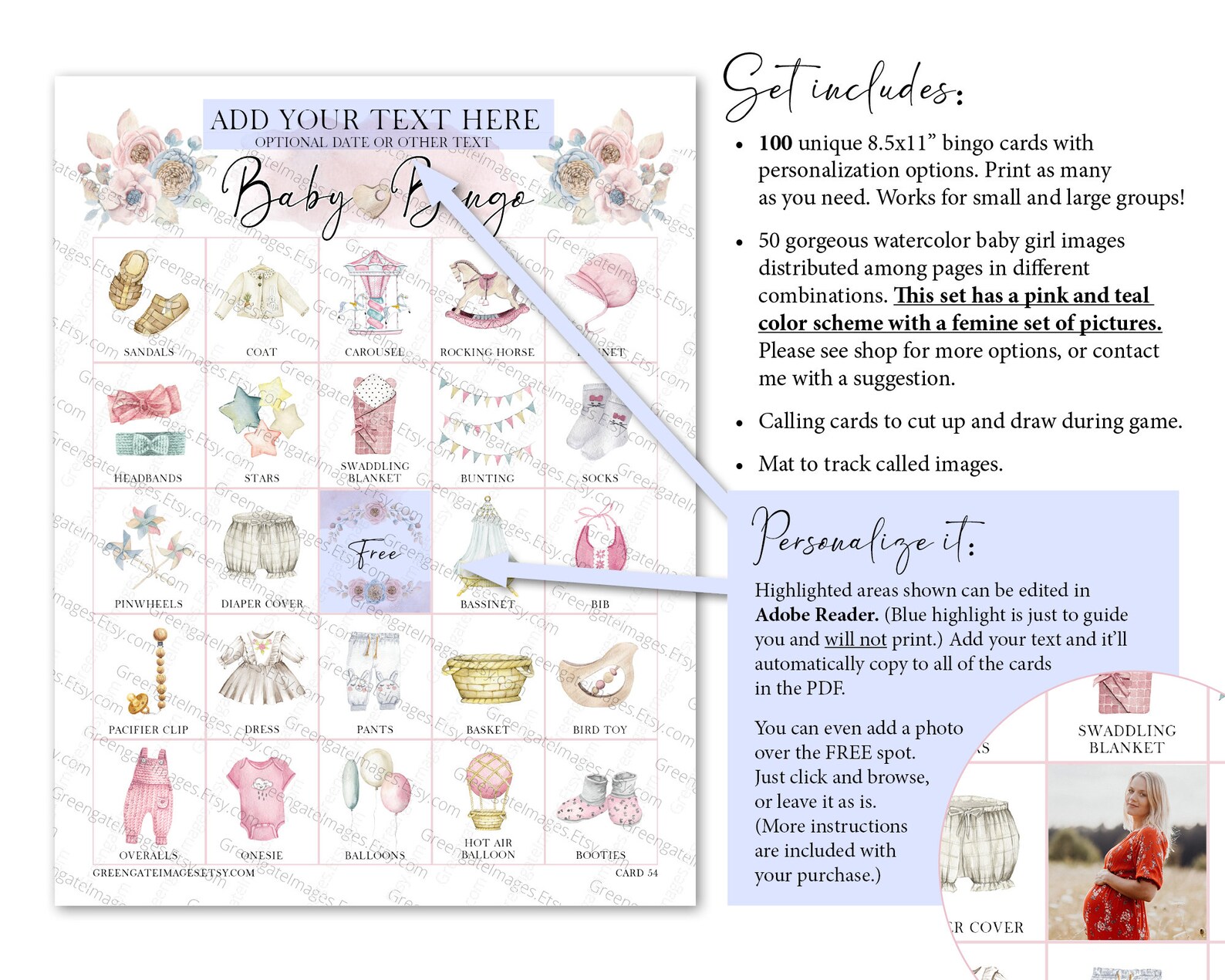 GIRL - Baby Shower Bingo: 100 Cards, PRINTABLE Bingo Pdf, Personalized ...