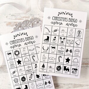 Kerstbingokaarten: afdrukbare bingokaarten, zwart-wit, 50 kaarten, seniorenactiviteiten, inktbesparing, activiteitenidee voor kinderen, kerstspel