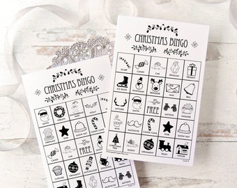 Christmas Bingo Cards: Printable bingo cards, black and white, 50 cards, senior activities, ink-saving, kids activity idea, christmas game